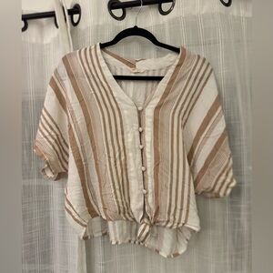 Tan and White Striped Tie Front Button Up Blouse